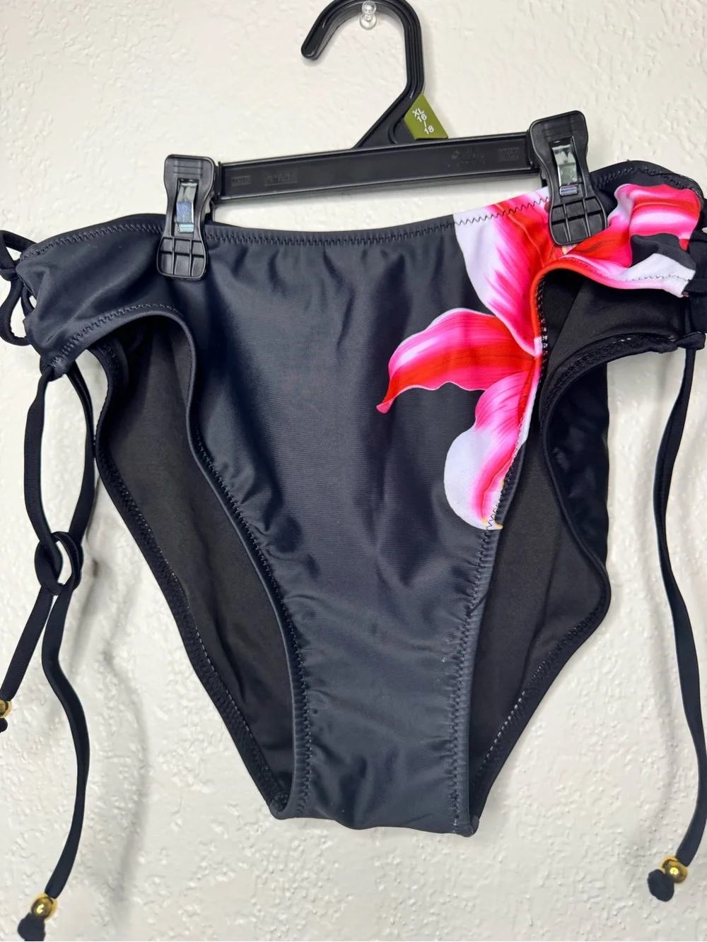 Black Floral Strappy Women's Bikini Top with Pink Lily Accent